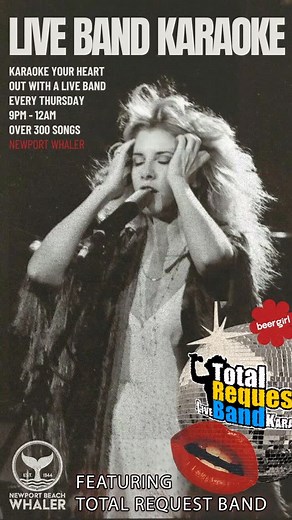 ✨ LIVE BAND KARAOKE at the Newport Whaler! ✨ Starting this Thursday – and every Thursday after – we’re bringing the ultimate sing-along party to the beach! Grab your friends, order some of the Whaler’s amazing food & drinks, and take the stage with a full live band backing you.  9PM – 12AM  FREE to sing  Killer food & cocktails  Newport Whaler Let’s kick this off with a bang – see you Thursday night! | Total Request Live Band Karaoke | Facebook