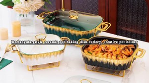 Oblong Chafing Dish Wedding Party Table Buffet Set Rectangle  Cookware Ceramic Chafing Dish and Keep Food Warmer with Stand