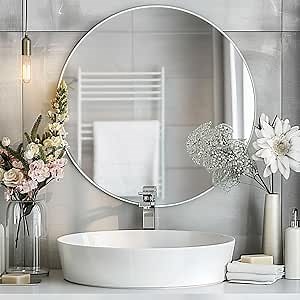 White Round Mirror, 24 Inch White Circle Mirror, Metal Frame Round Wall Mounted Mirrors for Bathroom, Living Room, Bedroom, Entryway, Vanity