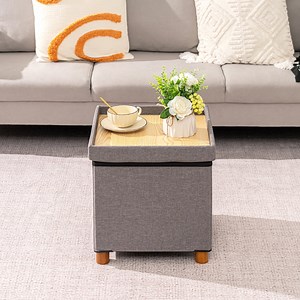 PINPLUS 15" Footstool for Living Room,Grey Ottoman Storage Box with 4 Wood Legs,Folding Ottoman Coffee Table with Storage