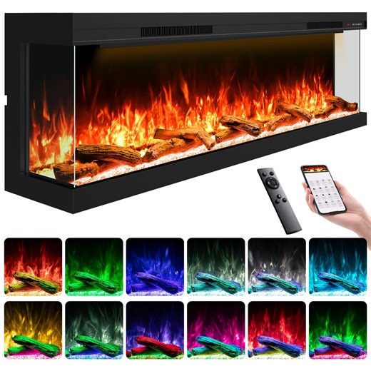 70" 3 Sided Electric Fireplace Inserts, Smart 3D Linear Built-in Fire Places Heater 1500W, Multi-Colors Combinations, APP & Remote Control, Cracking Sound, 9H Timer, Crystal & Log