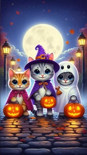 Trick or Treat Cats 🎃 | Cute Halloween Night Animation #cat #shortvideo #halloweenanimation