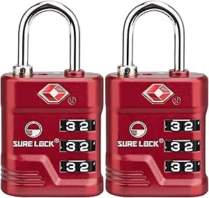 SURE LOCK TSA Approved Luggage Lock – 3-Digit Resettable Combination Padlock with Open Alert Red Dot, Large Easy-Read Dials for Suitcases, Backpacks, Gym & School Lockers(Red 2 pk)