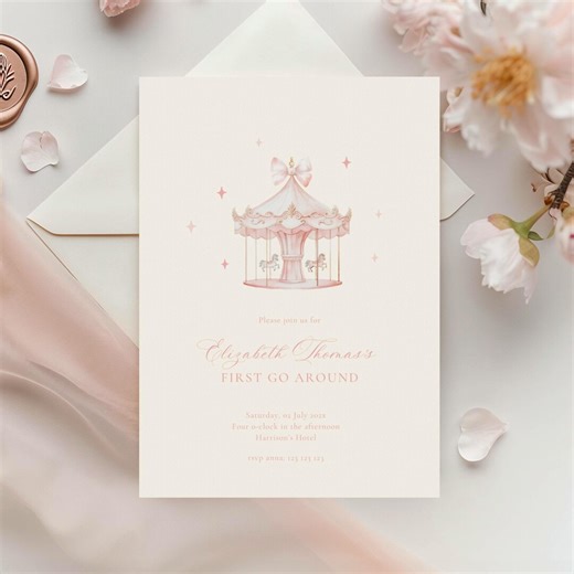 Pastel Pink Carousel Birthday Invitation: Carnival, Round and Round (editable Template) - Etsy