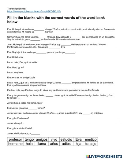 Video de Eva- Transcripcion worksheet