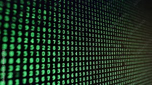 Numbers code changing on black screen green random camera moving shot od a computer display. A matrix of numbers on computer screen. Green numerals. Programming search data error code. Stock Video