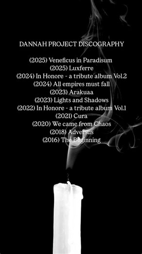 🎧 http://dannahproject.bandcamp.com 🎧 http://lnk.bio/dannahproject (2025) Veneficus in Paradisum (2025) Luxferre (2024) In Honore - a tribute album Vol.2 (2024) All empires must fall (2023) Arakuaa (2023) Lights and Shadows (2022) In Honore - a tribute album Vol.1 (2021) Cura (2020) We came from Chaos (2018) Adversus (2016) The Beginning DannaH Project discography #dannahproject #discography | DannaH Project