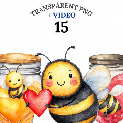 15 Cute Bees Clipart PNG   Video, Watercolor Valentine Bee Illustrations, Honey Bee & Heart Clipart, Spring Love Bug PNG, Commercial Use - Etsy