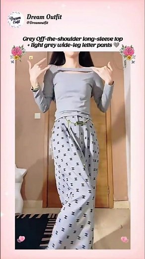 Grey Off-the-shoulder long-sleeve top + light grey wide-leg letter pants 🩶
