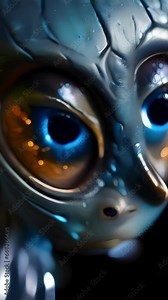 Closeup of an alien creature with large, multifaceted eyes and iridescent skin. It is one of the many inhabitants of a parallel Earth where extraterrestrial life is the dominant species