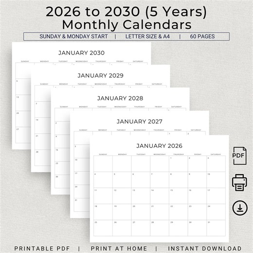 2026-2030 Monthly Calendar 2026 to 2030 Calendar Printable PDF 2026 2027 2028 2029 2030 Landscape Minimalist 5 Years Planner Download - Etsy