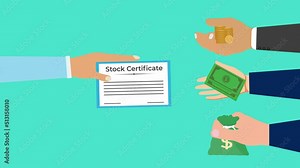 A stock exchange or buy and selling concept 4K animation. Stock market money exchange footage with human hands and certificate. Stock marketing with money sack, money bundle, and gold coins animation.
