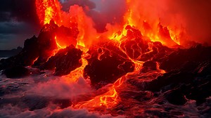 Download AI generated Volcanic eruption with lava and lava flow. 3D illustration, Lava is entering the ocean with many small flows, AI Generated for free