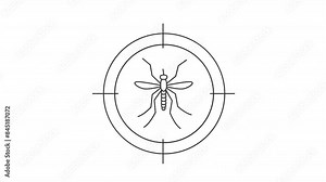 Animated mosquito icon. Flying bug line animation. Cross hair focus. Moving insect. House parasite, bloodsucker. Black illustration on white background. HD video with alpha channel. Motion graphic