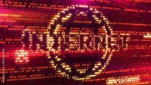 Inscription Internet displayed through program code on a red computer screen Stock Video