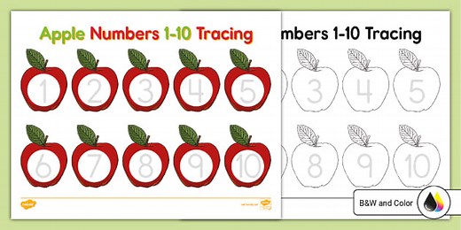 Apple Numbers 1-10 Tracing Worksheet for PreK-K