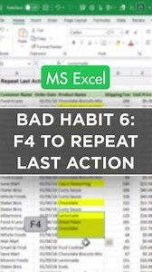 6.4K views · 161 reactions | ❌ Excel Bad Habit #6: Not Using F4 to Repeat Last Action  ❌Here's why it's time to give F4 a chance: 1️⃣ Time-Saving Magic 2️⃣ Consistency 3️⃣ Reduced Keystrokes: So, don't neglect this handy shortcut! Embrace F4 and watch your Excel efficiency soar! #Excel #ExcelCampus #ExcelTips #TimeSavingHabits #F4Key #ExcelEfficiency #SpreadsheetWisdom #ExcelHabits | Excel Campus | Facebook