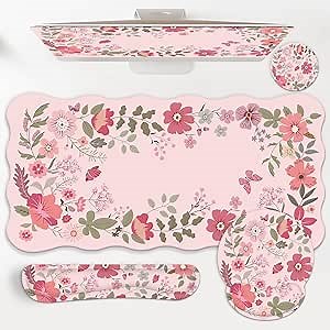 4 In1 Coquette Scalloped Desk Mat Keyboard Wrist Rest Mouse Wrist Rest Coaster Set Memory Foam Cushion Mouse Wrist Rest for Pain Relieve Flower Nonslip Rubber Computer Gaming Mouse Pad