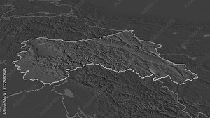 Jammu and Kashmir, state with its capital, zoomed and extruded on the bilevel map of India in the conformal Stereographic projection. Animation 3D