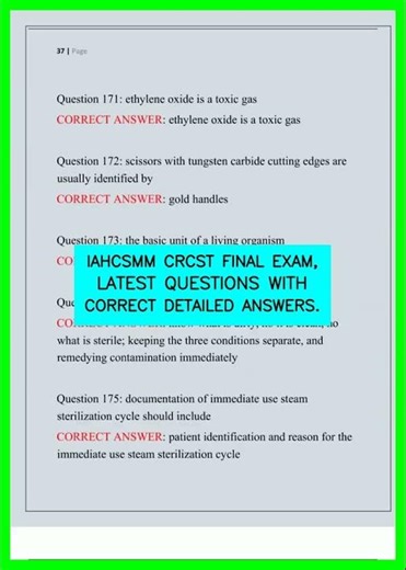 IAHCSMM CRCST FINAL EXAM, LATEST QUESTIONS WITH CORRECT DETAILED ANSWERS video