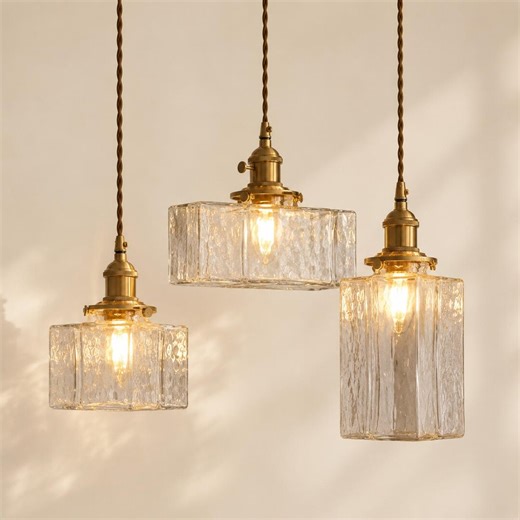 Glass Pendant Light, Textured Glass Hanging Lamp, Vintage Edison Bulb, Kitchen Island Farmhouse Copper Ceiling Fixture, Adjustable Cord - Etsy