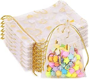 G2PLUS Heart Organza Gift Bags, 50PCS Sheer Drawstring Favor Bag 4x6in | Mesh Pouches Gold Foil Design for Wedding, Jewelry, candy, Valentine's gifts, Mother's Day party favors and Celebrations