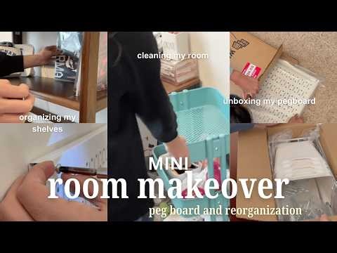 small room makeover 🍰🍓 putting up pegboard, organization, adding shelves