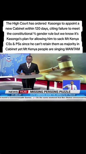 The High Court has ordered Kasongo to appoint a new Cabinet within 120 days, citing failure to meet the constitutional ⅔ gender rule but we know it's Kasongo's plan for allowing him to sack Mt Kenya CSs & PSs since he can't retain them as majority in Cabinet yet Mt Kenya people are singing WANTAM #shujaahumphrey