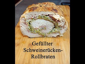 Gefüllter Schweinerücken-Rollbraten, geschmort, zart und saftig. Beste Hausmannskost.