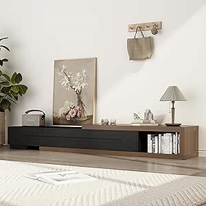 Extendable TV Stand, Modern Entertainment Center for Up to 120 Inch TV, Wood Reversible TV Media Console with 3 Drawers for Living Room Bedroom, 82-110"(Black& Walnut)