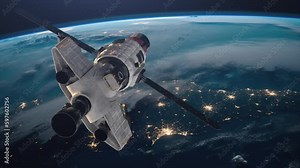 Space station in Earth orbit. ISS. NASA. Space conquest. A view of the Earth and a spaceship. 3d animation