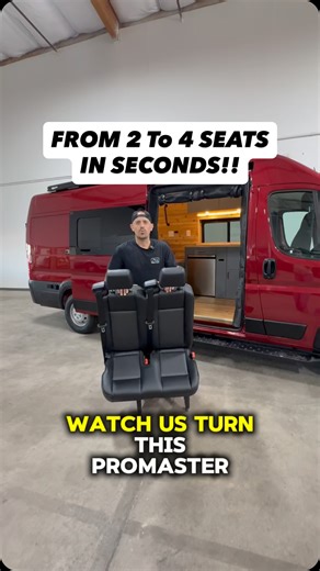 🔥Watch this Promaster go from 2 seats to 4 in seconds! In this walkthrough, David shows off the Removable Double Bench Seat that locks seamlessly into the floor chassis (with floor covers when not in use 👌). Pop it in for road-trip crew mode, take it out for full cabin space, you choose. Then it only gets better👇 • Extended Front-to-Back Queen Bed for max stretch-out comfort • Recessed Bed Shelf for all your nighttime essentials • FVCO Rear Slide-Out Tray in the garage (your gear will thank y