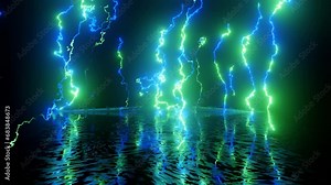 Neon Design form blue green pattern of lighting. 4K video with various neon elements and a reflecting floor. Looped 3d render. Glowing Neon: 4K with colorful geometric shapes and a mirror effect