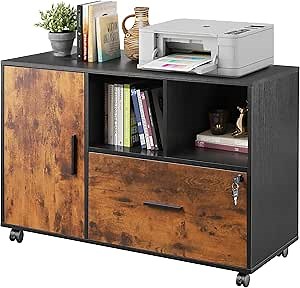 DEVAISE Lateral File Cabinet with Lock, 1-Drawer Rolling File Cabinets on Wheels for Home Office, Wood Printer Stand with Open Storage Shelf, Rustic Brown