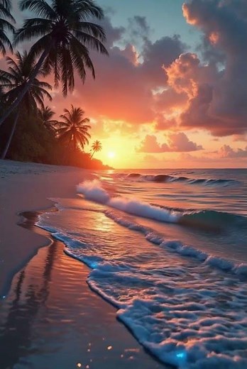 Magical Tropical Beach Sunset with Bioluminescent Waves 🌅✨ 4K Ultra HD