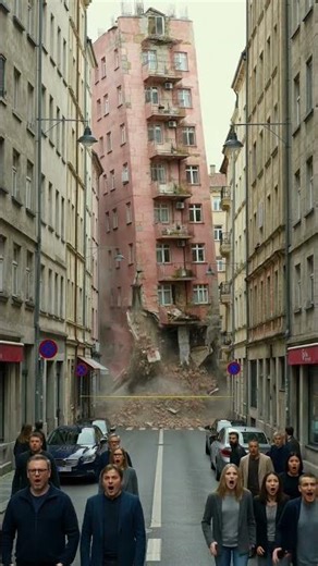Dramatic collapsing of high pink building in narrow street.