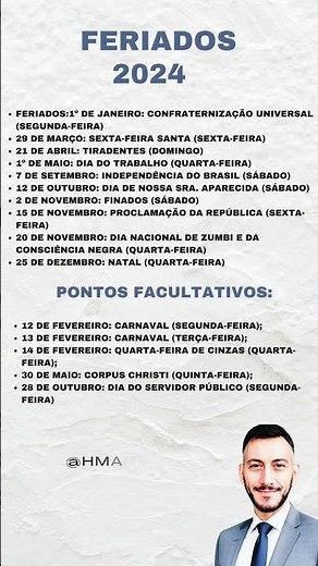 CALENDÁRIO de feriados 2024 - Qual dia vai ser feriado em 2024