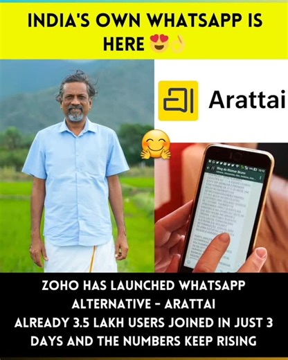 Thought Ful on Instagram: "In a proud moment for Indian tech innovation, ZOHO has officially launched its very own messaging app – Arattai, designed as a secure and feature-packed alternative to WhatsApp. 🚀 What’s even more exciting? Within just 3 days of launch, over 3.5 lakh users have already joined the platform, and the numbers are climbing rapidly with every passing hour! 🌍✨ Arattai, which means “chit-chat” in Tamil, is built with a strong focus on privacy, speed, and user-friendly featur