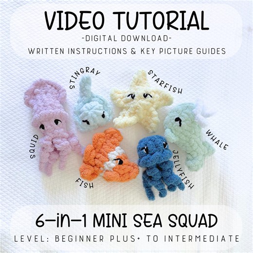 6-in-1 Mini Sea Squad Hand Knit Patterns, Finger Knit Sea Animals Video Tutorial, Stingray, Fish, Whale, Starfish, Squid, Jellyfish - Etsy