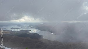 Slow panning shot over loch lomond from the Ben Lomond Munro summit in winter