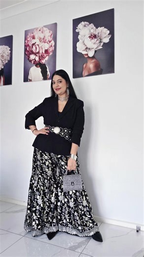 Styling tradition with a bold twist 🖤✨ My beautiful black embroidered sharara paired with a sleek blazer, statement oxidised jewellery, and boots for that perfect Indo-western vibe 🔥 Desi roots, modern mood 💫 Serving elegance with a hint of edge 💃🖤 #IndoWesternLook #FusionFashion #ShararaStyle #BossBabeLook #DesiWithATwist