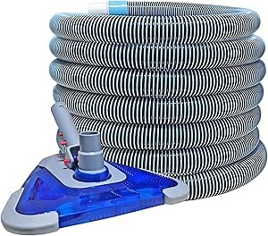 POOLWHALE Professional 1-1/2-Inch x 24-Feet Swimming Pool Vacuum Hoses with Swivel Cuff and Triangular Weighted Flex Vacuum Head, Perfect for Above Ground and Small Inground Pools