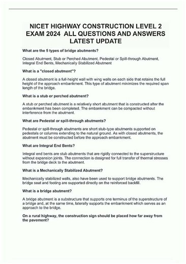 NICET HIGHWAY CONSTRUCTION LEVEL 2 EXAM 2024 ALL QUESTIONS AND ANSWERS LATEST UPDATE1364 video