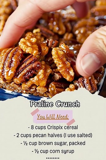 12K views · 19 reactions | Enjoy the sweet and crunchy delight of Praline Crunch! Pecans and Crispix cereal coated in caramelized glaze create a satisfying treat. Easy to make with simple ingredients, it's perfect for snacking or sharing. Great for any occasion, this treat is sure to please! Ingredients: - 8 cups Crispix cereal - 2 cups pecan halves (I use salted) ...... Full Recipe in Coʍmеոτ  | Mama's Cooking Recipes | Facebook