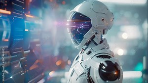 A futuristic man in a space suit stands confidently in front of a seamlessly advanced background, A futuristic view of AI-powered digital promotions