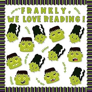 Haooryx 118Pcs Halloween Frankly We Love Reading Green Monster Bride Bulletin Board Classroom Decoration Set Green Monster Character Cutouts for Christmas Home Theme Party School Chalkboard Wall Decor