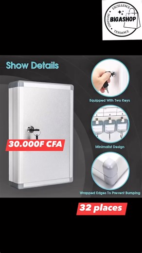 🔒 Protégez et organisez vos clés comme un pro ! 🔒 Découvrez notre Armoire à Clés Murale en Aluminium, la solution idéale pour garder toutes vos clés en sécurité, bien rangées et faciles à retrouver. ✨ Caractéristiques : ✅ Conception en aluminium – robuste et résistante dans le temps ✅ Fixation murale facile – installez-la où vous voulez 🛠️ ✅ Format compact : 285 × 73 × 325 mm ✅ Idéale pour entreprises, hôtels, agences immobilières, garages ou résidences privées 💰 Prix exceptionnel : 30.000 F