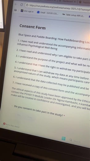 Day 2 of posting my dissertation survey in the hopes I meet my participants goals (30 more responses to go!). Willing to do other surveys if you post them in the comments. Link in comments #ukpaddleboarding #participants #dissertation #fyp #wellbeing
