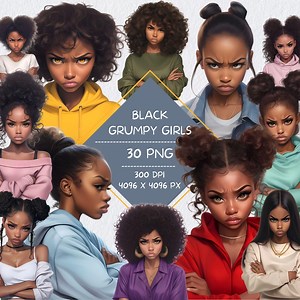 Black Grumpy Girl Clipart Bundle, Angry Face Woman Portrait Digital Notebook Stickers, Goodnotes Notion Planner Stickers for Dark Skin Tones - Etsy