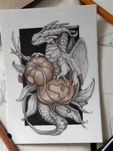 Dragon Art Featuring Oranges in Watercolor